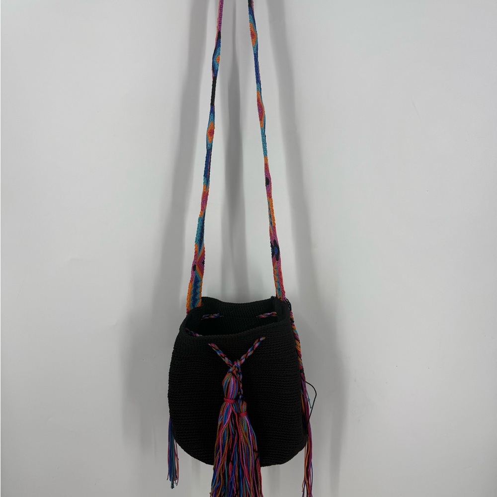 Wayuu Mochila bag Black Woven bucket, Bag with Multicolor Strap and tassel